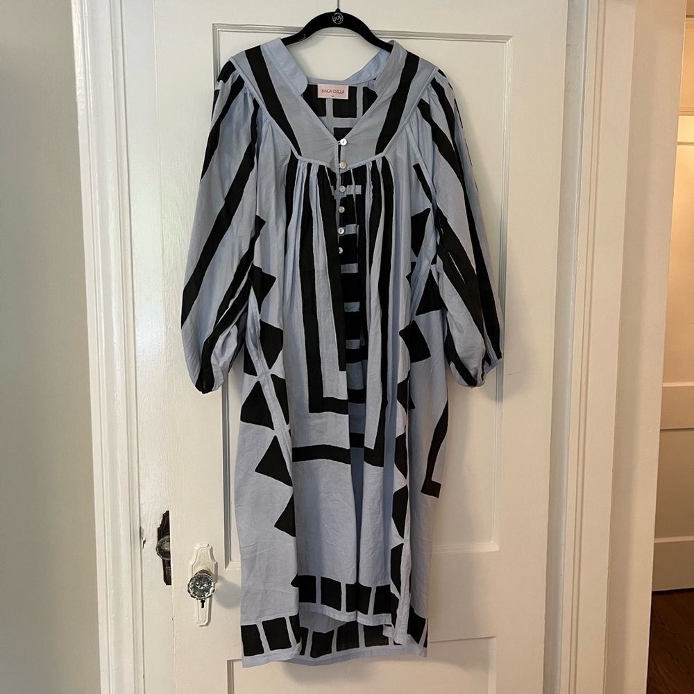 Light Blue and Black Geometric Midi Dress
